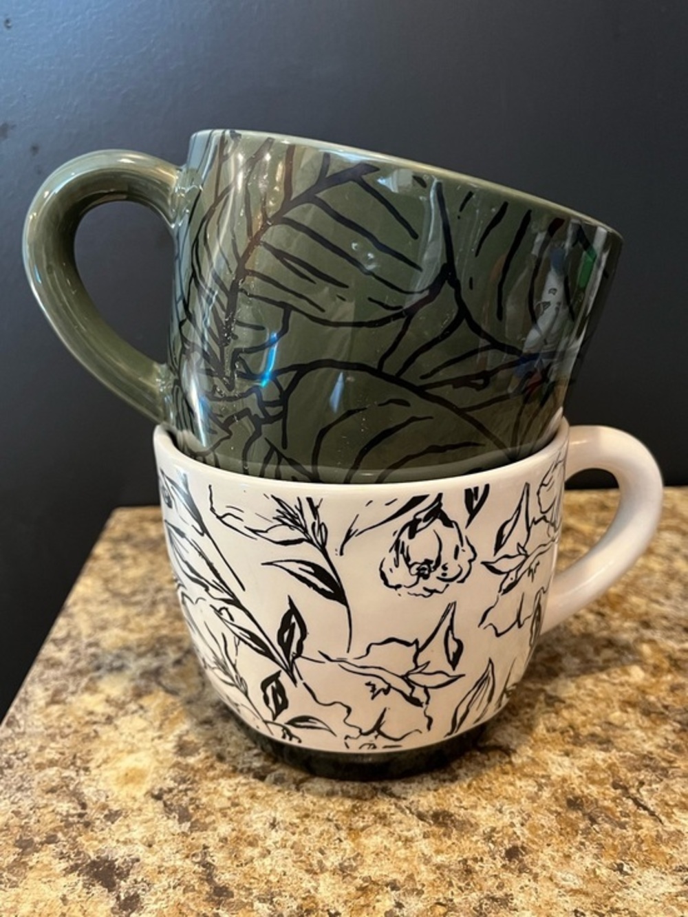 Place & Time Set of 2 Floral Ceramic Mugs - Green & White 16 oz.